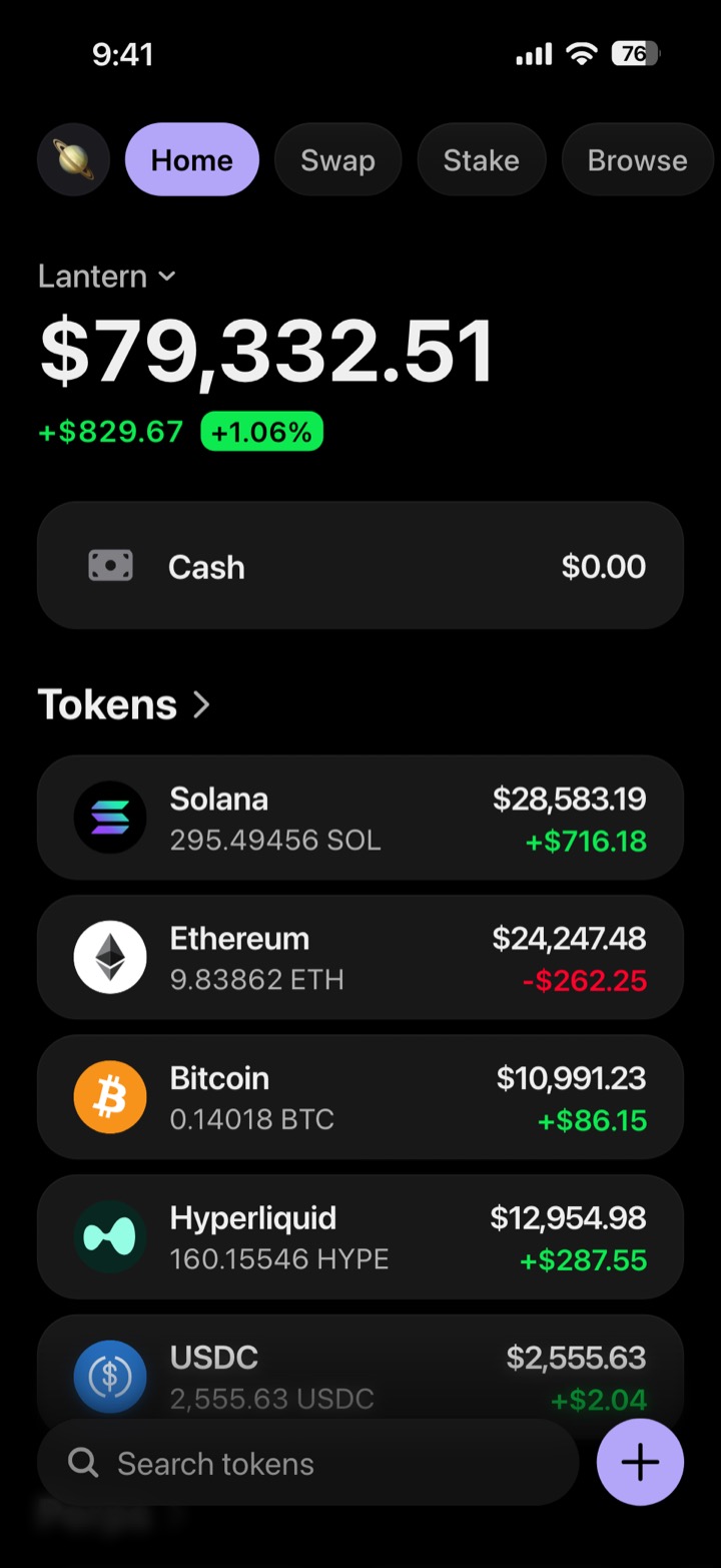 Crypto wallet portfolio screen composed in My Larp Wallet: a wallet named Lantern, a total balance above a list of 5 tokens showing each holding and its change over the day, in a dark theme with a lavender accent.