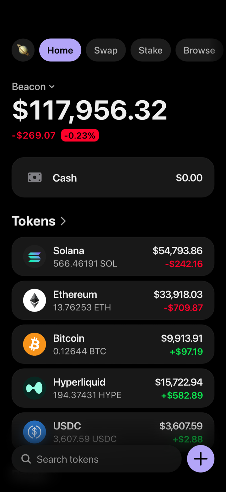 Crypto wallet portfolio screen composed in My Larp Wallet: a wallet named Beacon, a total balance above a list of 5 tokens showing each holding and its change over the day, in a dark theme with a lavender accent.