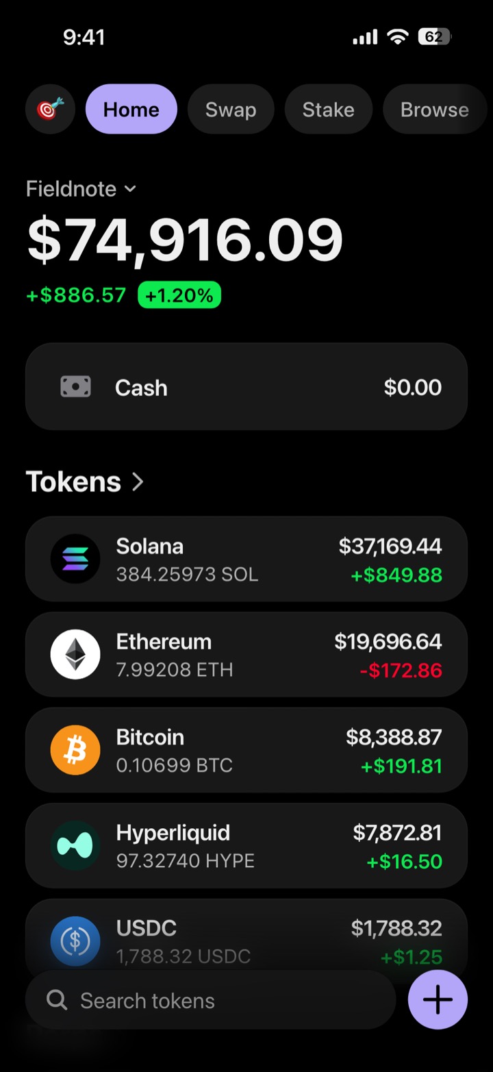 Crypto wallet portfolio screen composed in My Larp Wallet: a wallet named Fieldnote, a total balance above a list of 5 tokens showing each holding and its change over the day, in a dark theme with a lavender accent.