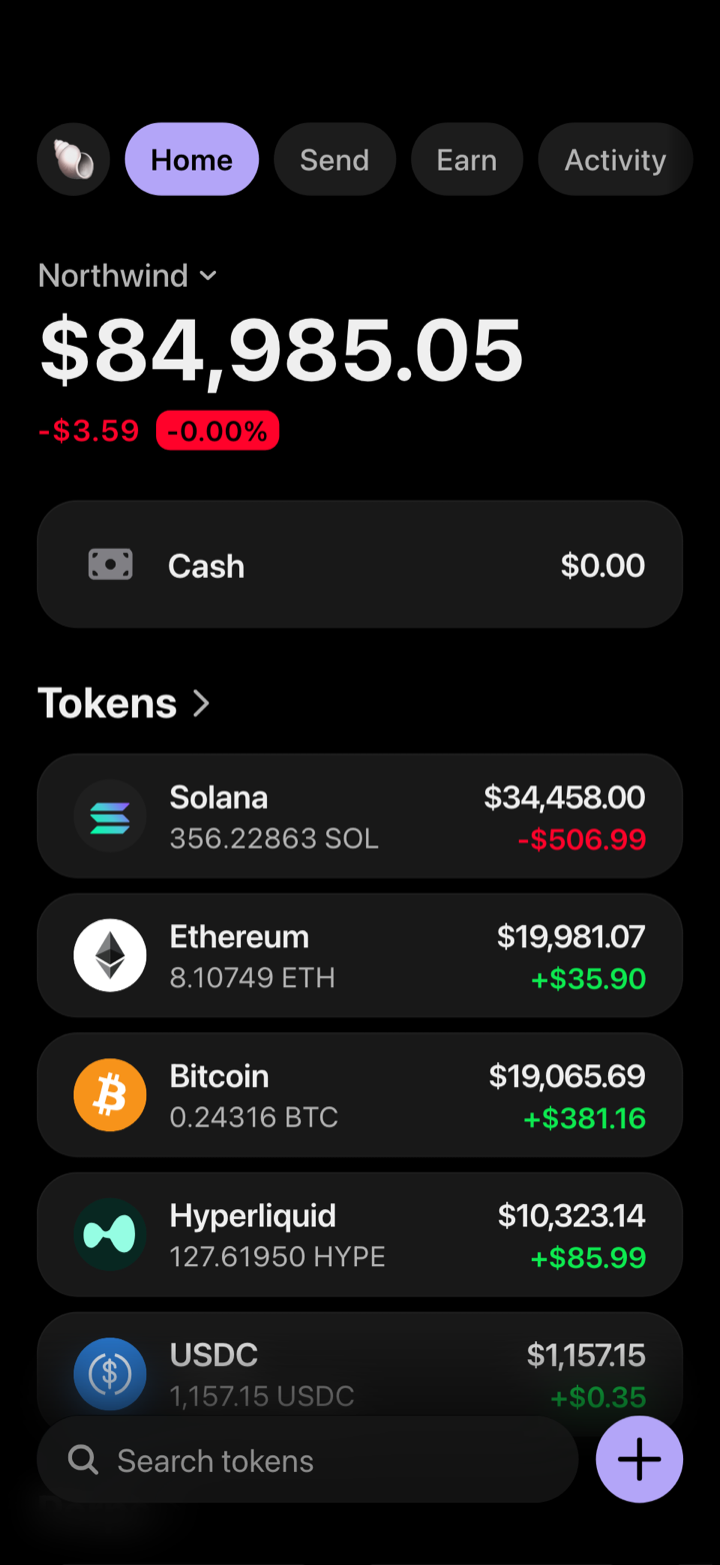 Crypto wallet portfolio screen composed in My Larp Wallet: a wallet named Northwind, a total balance above a list of 5 tokens showing each holding and its change over the day, in a dark theme with a lavender accent.