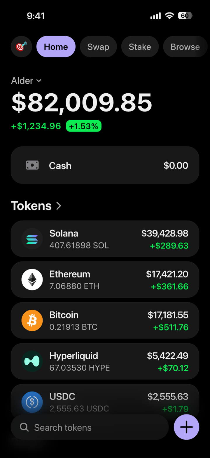 Crypto wallet portfolio screen composed in My Larp Wallet: a wallet named Alder, a total balance above a list of 5 tokens showing each holding and its change over the day, in a dark theme with a lavender accent.
