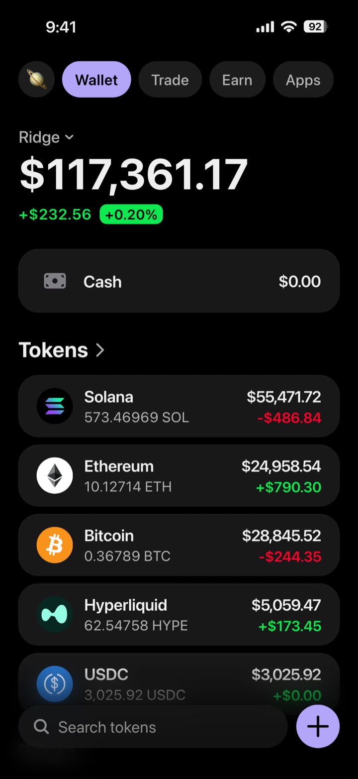 Crypto wallet portfolio screen composed in My Larp Wallet: a wallet named Ridge, a total balance above a list of 5 tokens showing each holding and its change over the day, in a dark theme with a lavender accent.