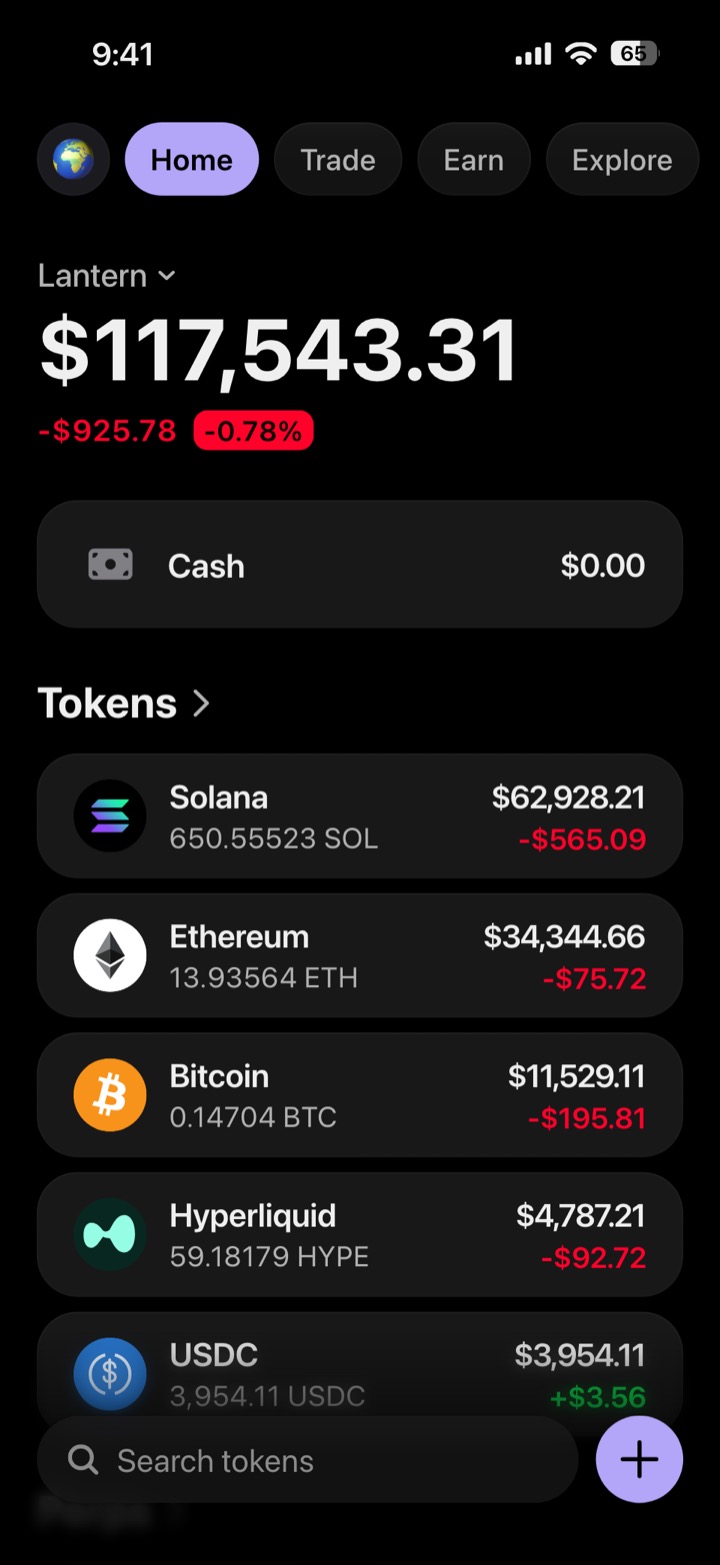Crypto wallet portfolio screen composed in My Larp Wallet: a wallet named Lantern, a total balance above a list of 5 tokens showing each holding and its change over the day, in a dark theme with a lavender accent.