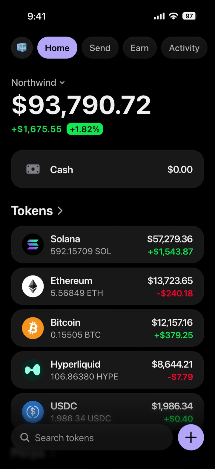 Crypto wallet portfolio screen composed in My Larp Wallet: a wallet named Northwind, a total balance above a list of 5 tokens showing each holding and its change over the day, in a dark theme with a lavender accent.