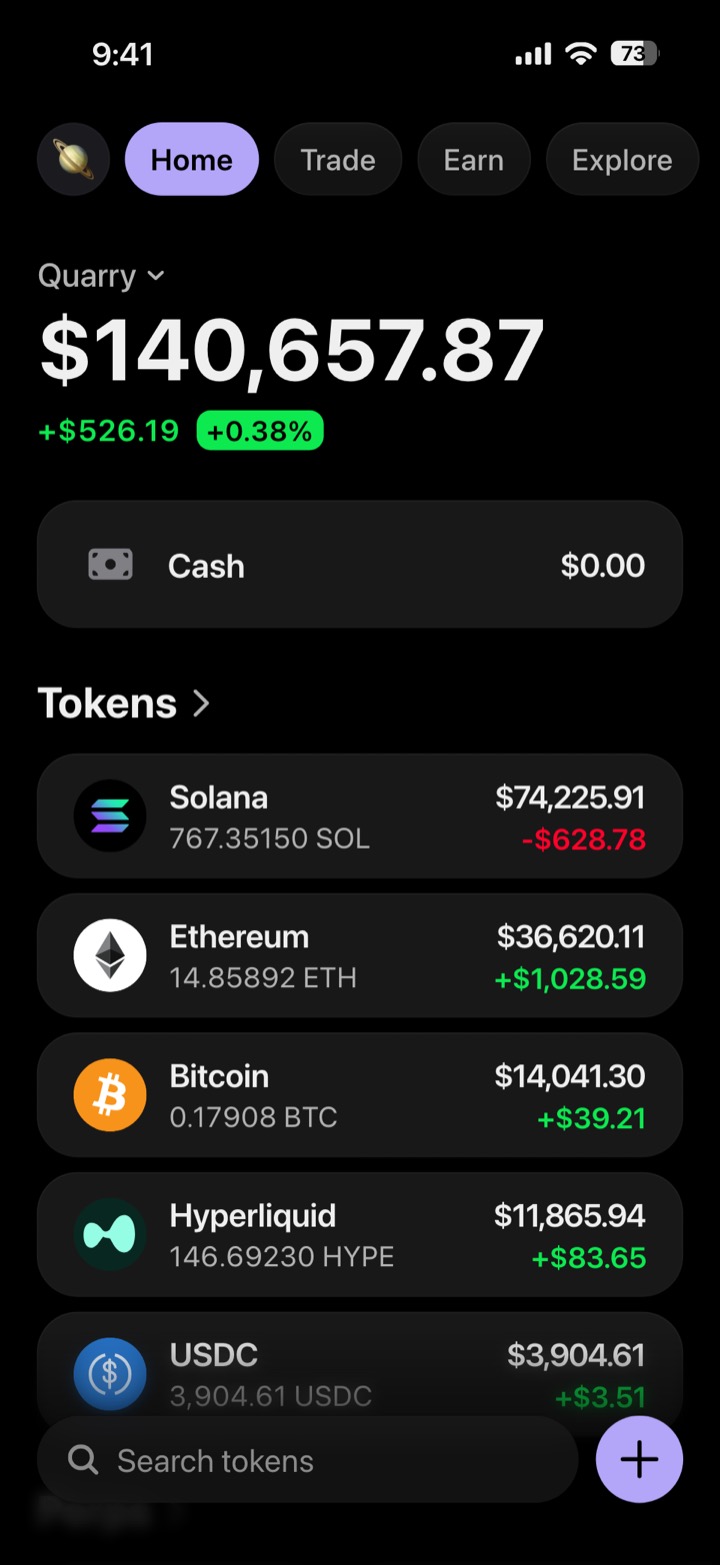 Crypto wallet portfolio screen composed in My Larp Wallet: a wallet named Quarry, a total balance above a list of 5 tokens showing each holding and its change over the day, in a dark theme with a lavender accent.