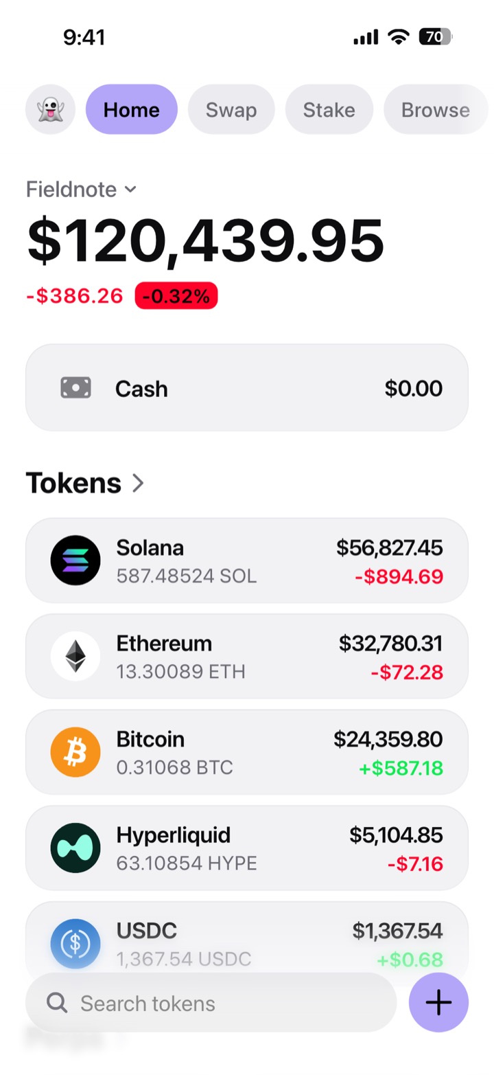 Crypto wallet portfolio screen composed in My Larp Wallet: a wallet named Fieldnote, a total balance above a list of 5 tokens showing each holding and its change over the day, in a light theme with a lavender accent.