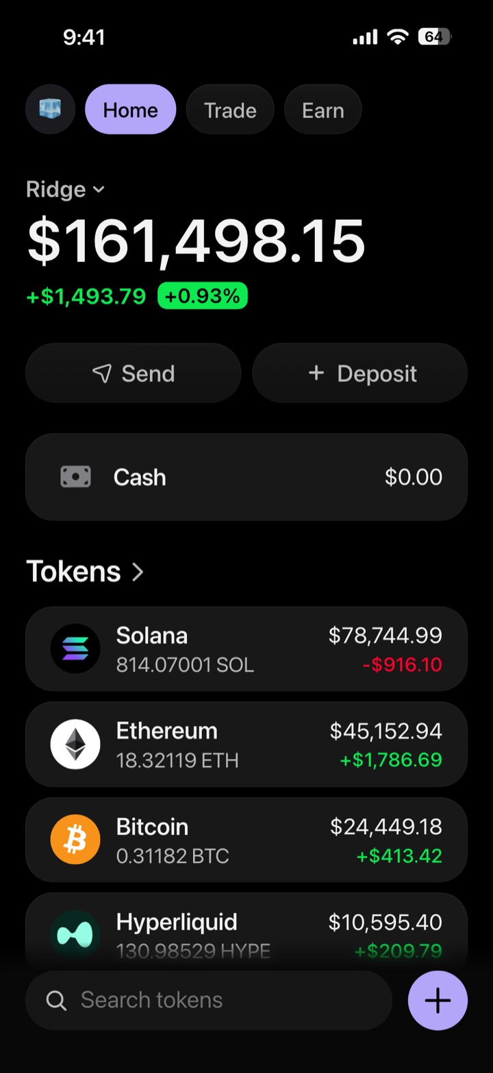 Crypto wallet portfolio screen composed in My Larp Wallet: a wallet named Ridge, a total balance above a list of 5 tokens showing each holding and its change over the day, in a dark theme with a lavender accent.