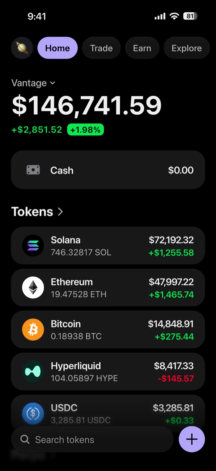 Crypto wallet portfolio screen composed in My Larp Wallet: a wallet named Vantage, a total balance above a list of 5 tokens showing each holding and its change over the day, in a dark theme with a lavender accent.