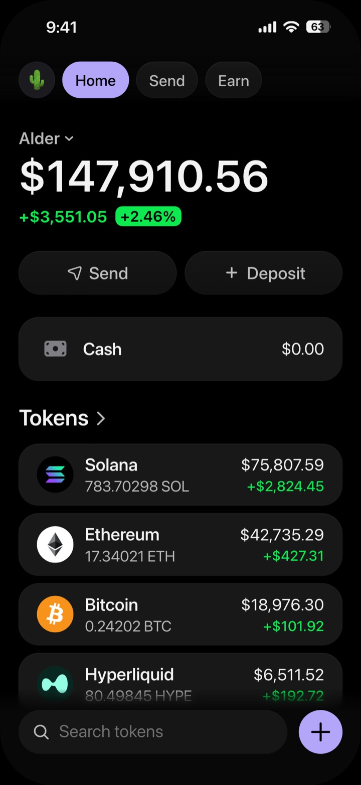 Crypto wallet portfolio screen composed in My Larp Wallet: a wallet named Alder, a total balance above a list of 5 tokens showing each holding and its change over the day, in a dark theme with a lavender accent.