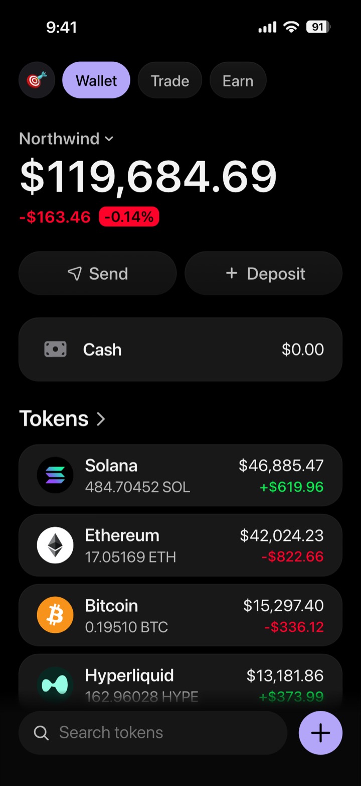 Crypto wallet portfolio screen composed in My Larp Wallet: a wallet named Northwind, a total balance above a list of 5 tokens showing each holding and its change over the day, in a dark theme with a lavender accent.