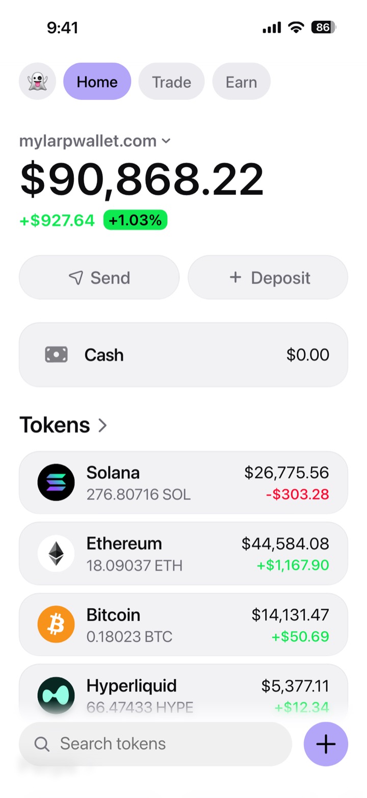 Crypto wallet portfolio screen composed in My Larp Wallet: a wallet named mylarpwallet.com, a total balance above a list of 4 tokens showing each holding and its change over the day, in a light theme with a lavender accent.