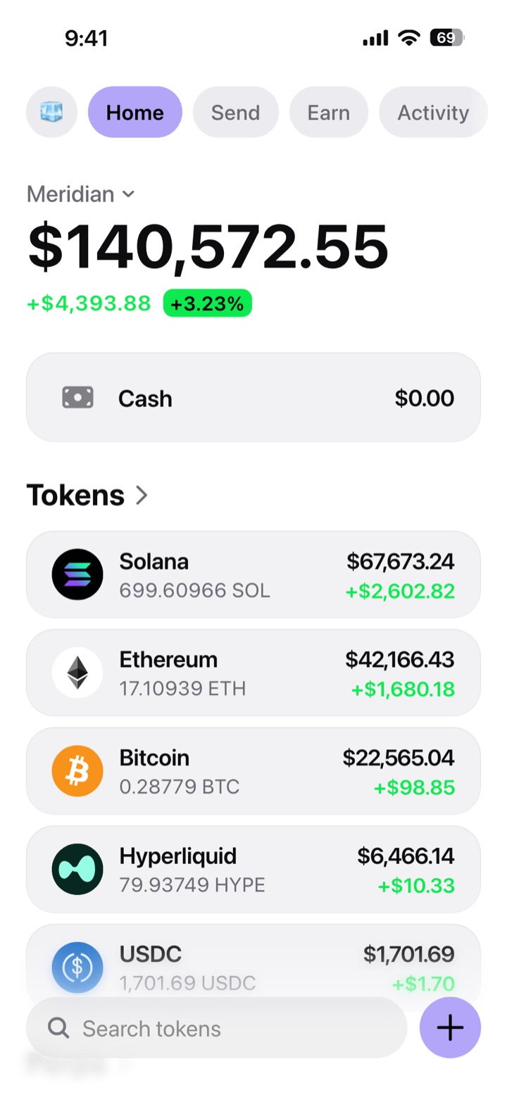 Crypto wallet portfolio screen composed in My Larp Wallet: a wallet named Meridian, a total balance above a list of 5 tokens showing each holding and its change over the day, in a light theme with a lavender accent.