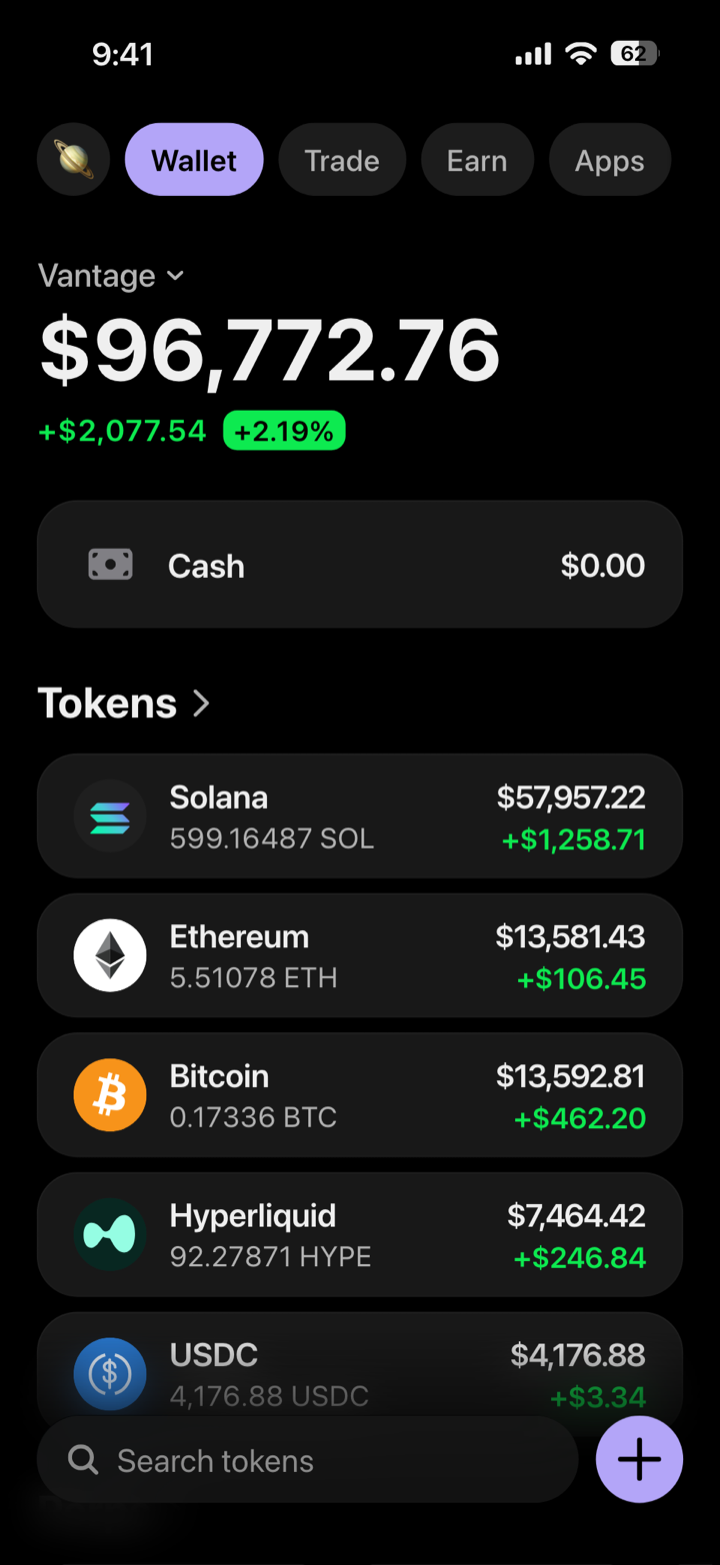 Crypto wallet portfolio screen composed in My Larp Wallet: a wallet named Vantage, a total balance above a list of 5 tokens showing each holding and its change over the day, in a dark theme with a lavender accent.