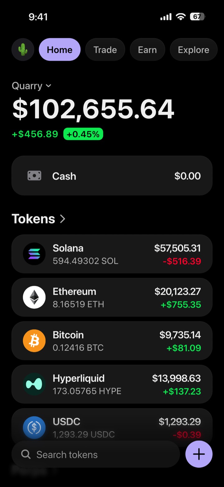Crypto wallet portfolio screen composed in My Larp Wallet: a wallet named Quarry, a total balance above a list of 5 tokens showing each holding and its change over the day, in a dark theme with a lavender accent.