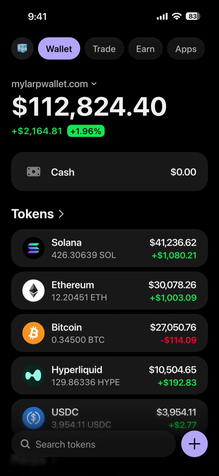 Crypto wallet portfolio screen composed in My Larp Wallet: a wallet named mylarpwallet.com, a total balance above a list of 5 tokens showing each holding and its change over the day, in a dark theme with a lavender accent.