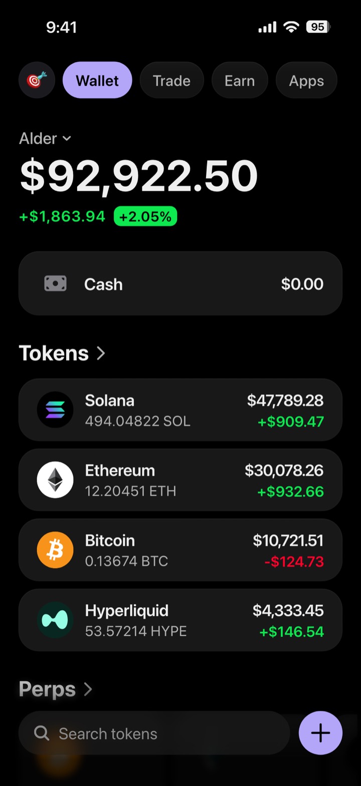 Crypto wallet portfolio screen composed in My Larp Wallet: a wallet named Alder, a total balance above a list of 4 tokens showing each holding and its change over the day, in a dark theme with a lavender accent.