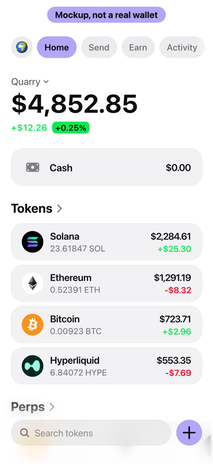 Crypto wallet portfolio screen composed in My Larp Wallet: a wallet named Quarry, a total balance above a list of 4 tokens showing each holding and its change over the day, in a light theme with a lavender accent. A label at the top of the screen reads: Mockup, not a real wallet.