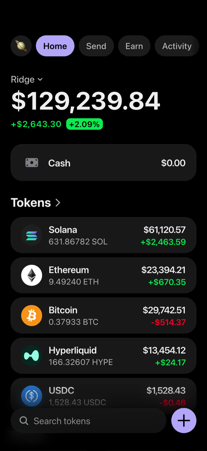 Crypto wallet portfolio screen composed in My Larp Wallet: a wallet named Ridge, a total balance above a list of 5 tokens showing each holding and its change over the day, in a dark theme with a lavender accent.