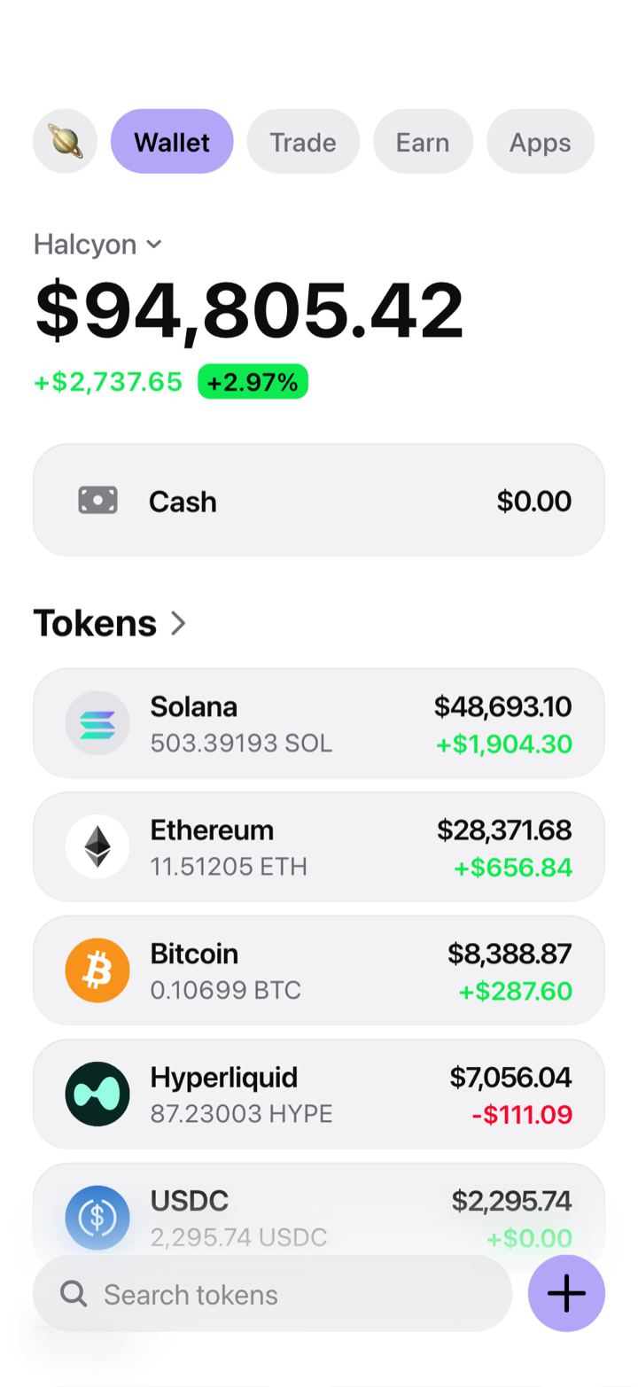 Crypto wallet portfolio screen composed in My Larp Wallet: a wallet named Halcyon, a total balance above a list of 5 tokens showing each holding and its change over the day, in a light theme with a lavender accent.