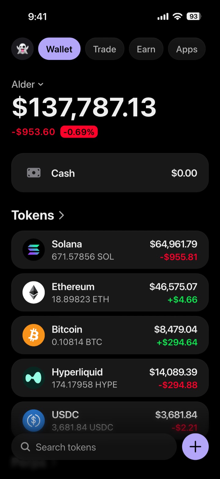 Crypto wallet portfolio screen composed in My Larp Wallet: a wallet named Alder, a total balance above a list of 5 tokens showing each holding and its change over the day, in a dark theme with a lavender accent.