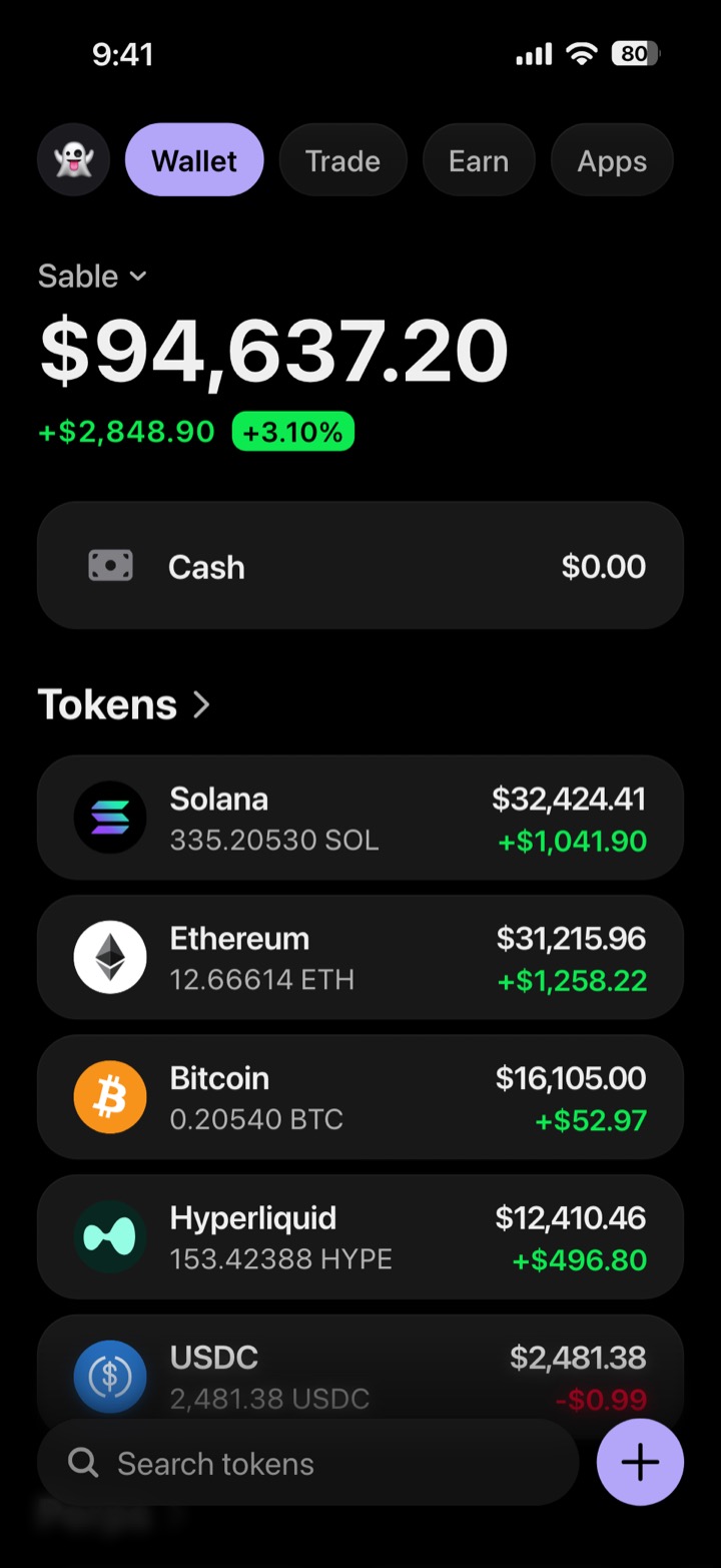Crypto wallet portfolio screen composed in My Larp Wallet: a wallet named Sable, a total balance above a list of 5 tokens showing each holding and its change over the day, in a dark theme with a lavender accent.
