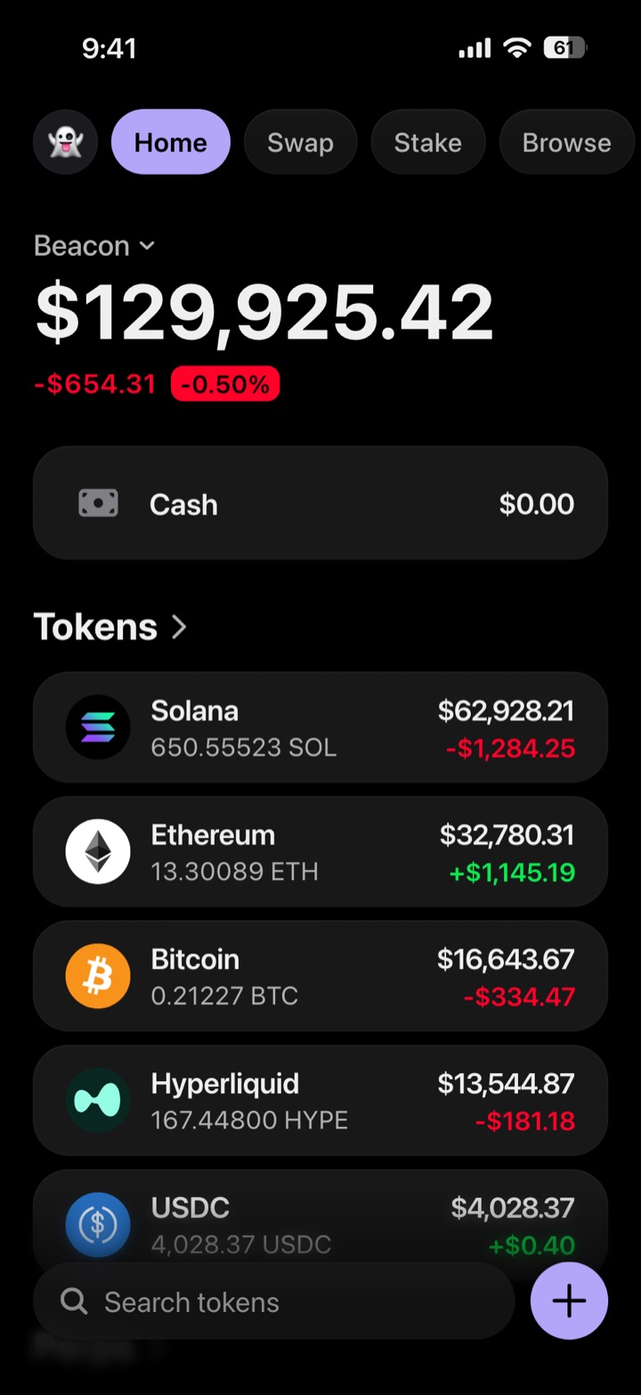Crypto wallet portfolio screen composed in My Larp Wallet: a wallet named Beacon, a total balance above a list of 5 tokens showing each holding and its change over the day, in a dark theme with a lavender accent.