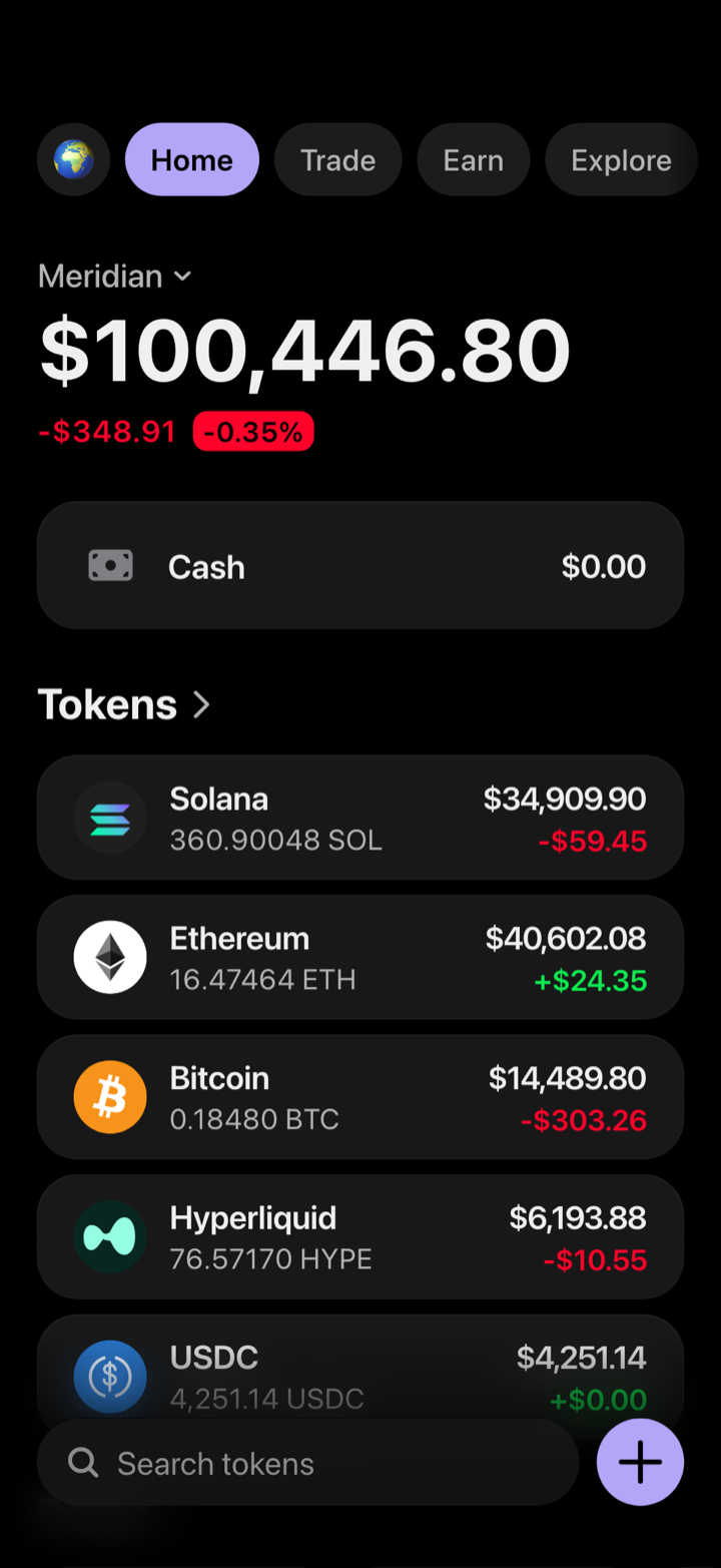 Crypto wallet portfolio screen composed in My Larp Wallet: a wallet named Meridian, a total balance above a list of 5 tokens showing each holding and its change over the day, in a dark theme with a lavender accent.