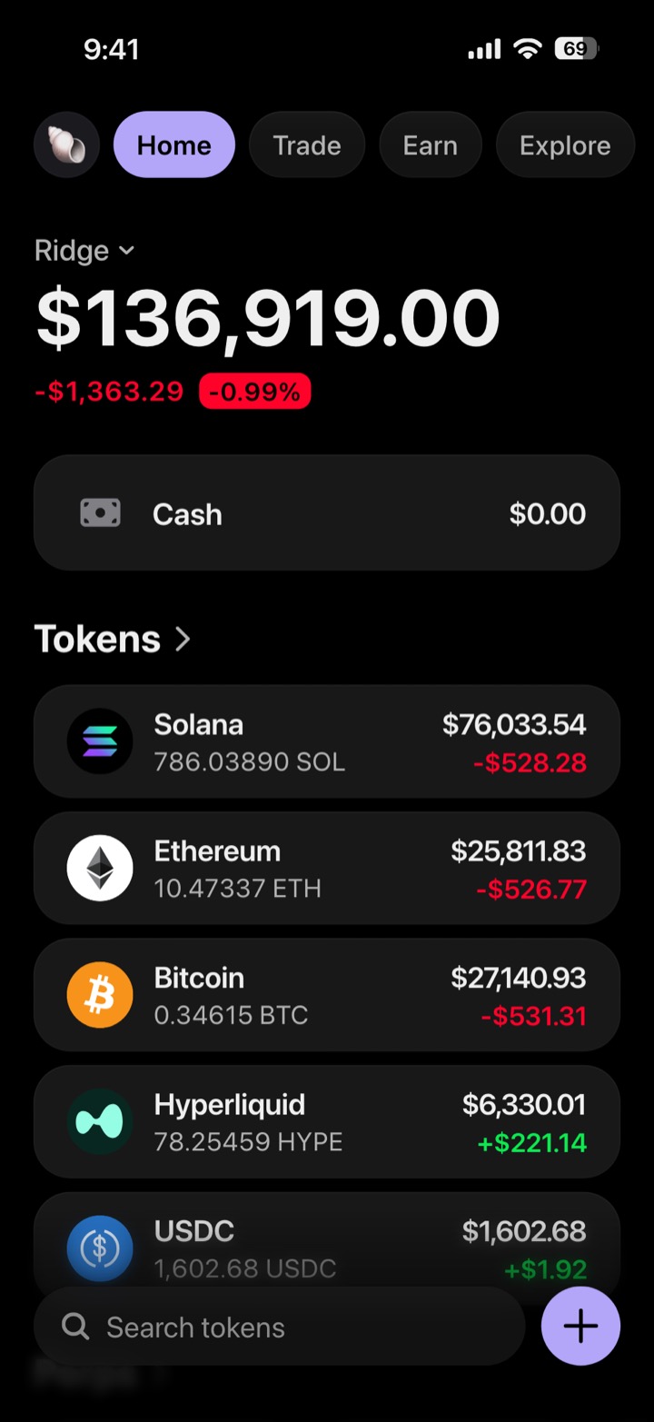 Crypto wallet portfolio screen composed in My Larp Wallet: a wallet named Ridge, a total balance above a list of 5 tokens showing each holding and its change over the day, in a dark theme with a lavender accent.