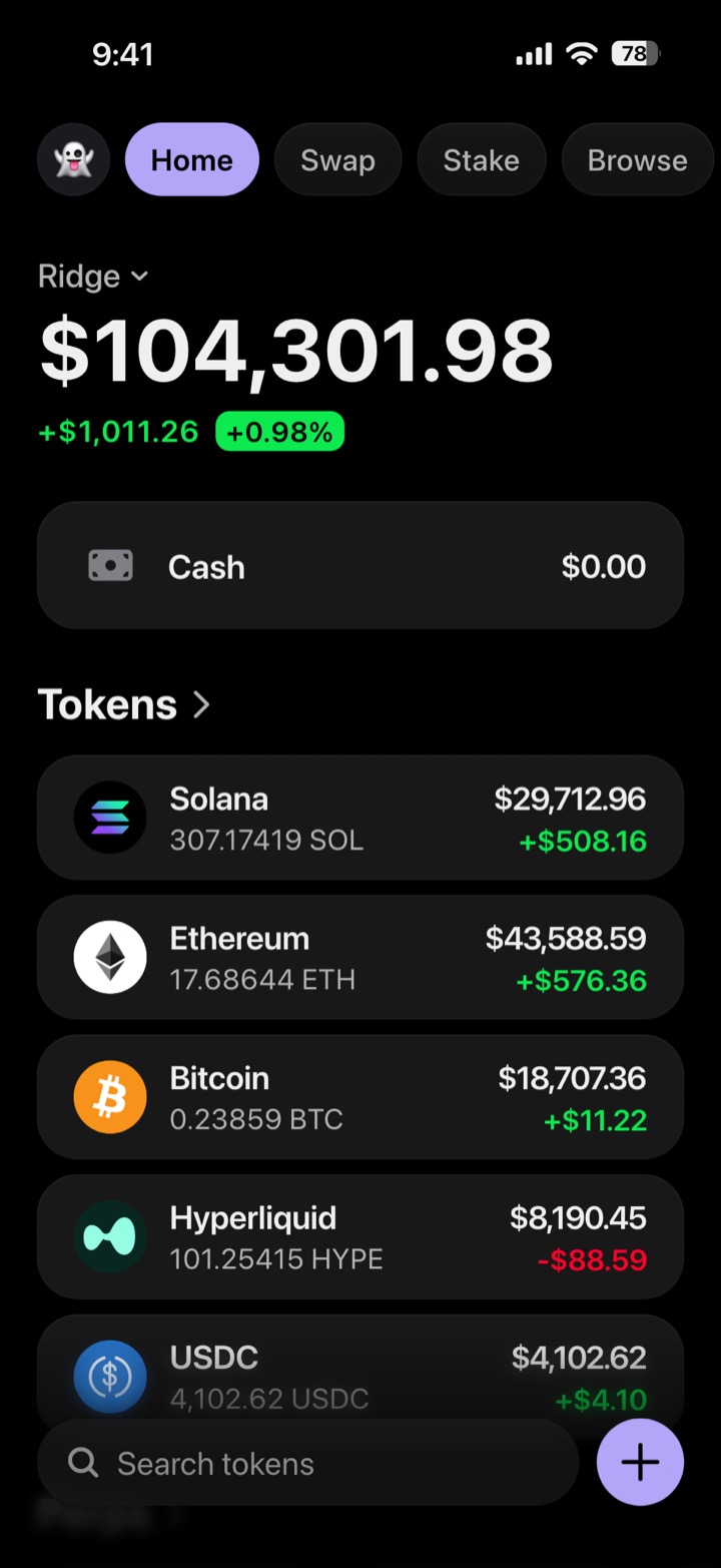 Crypto wallet portfolio screen composed in My Larp Wallet: a wallet named Ridge, a total balance above a list of 5 tokens showing each holding and its change over the day, in a dark theme with a lavender accent.