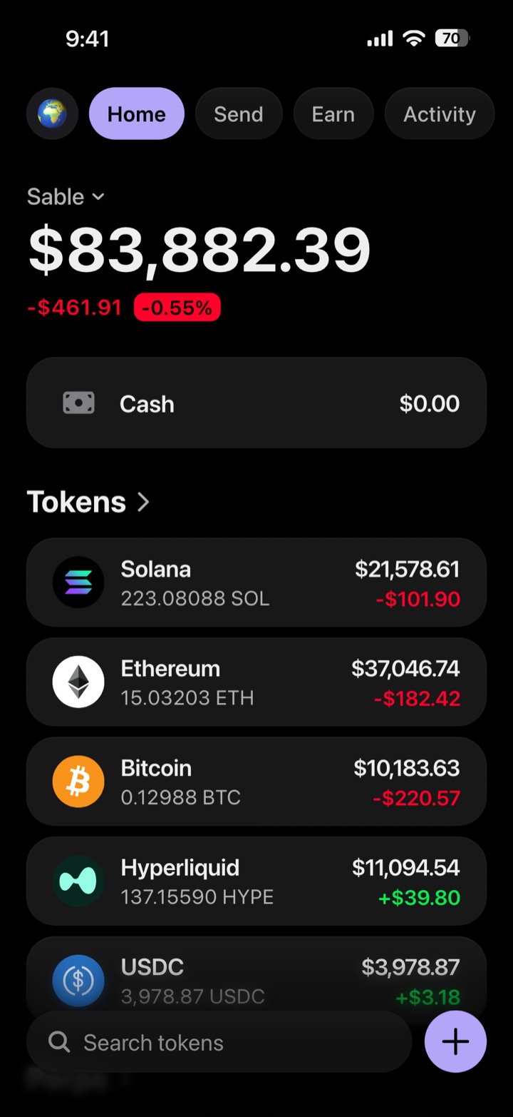 Crypto wallet portfolio screen composed in My Larp Wallet: a wallet named Sable, a total balance above a list of 5 tokens showing each holding and its change over the day, in a dark theme with a lavender accent.