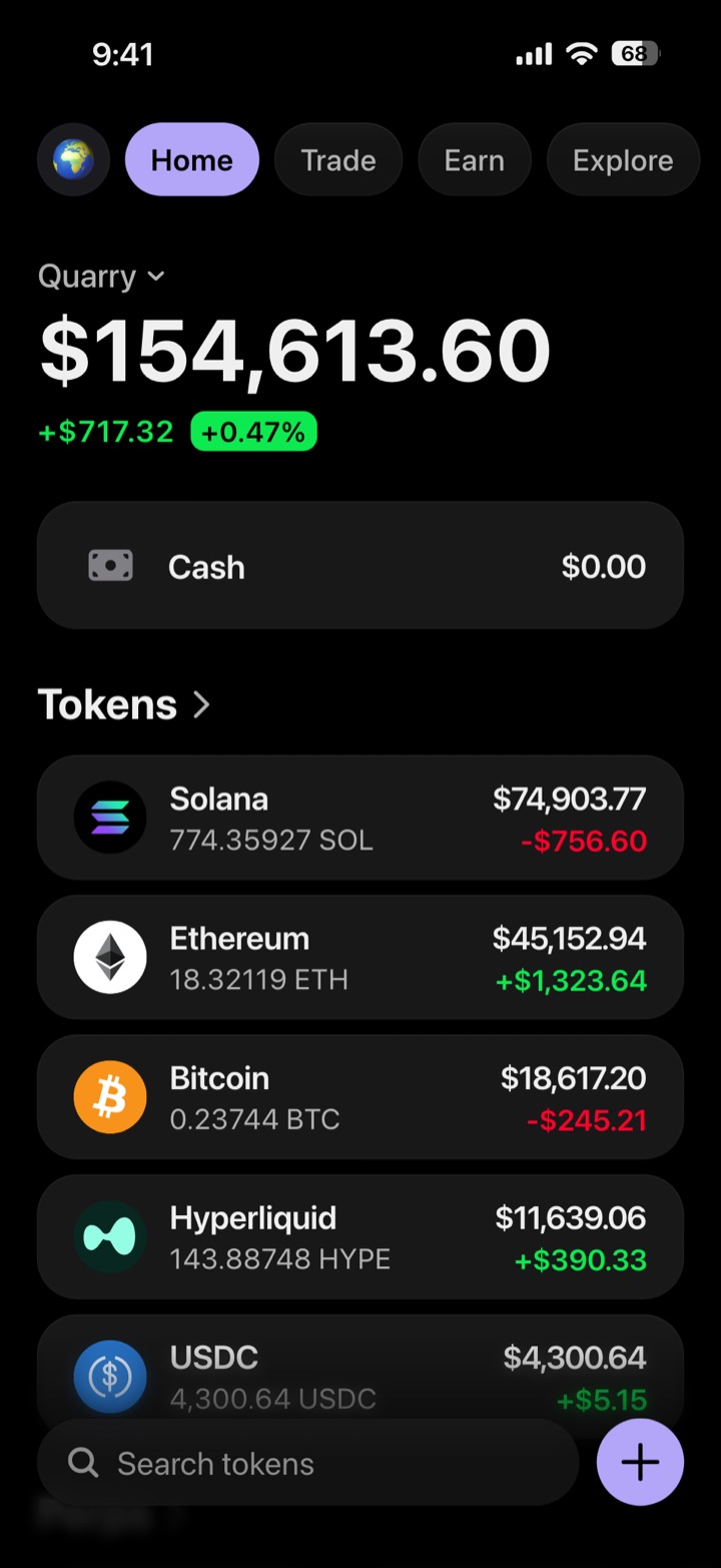 Crypto wallet portfolio screen composed in My Larp Wallet: a wallet named Quarry, a total balance above a list of 5 tokens showing each holding and its change over the day, in a dark theme with a lavender accent.