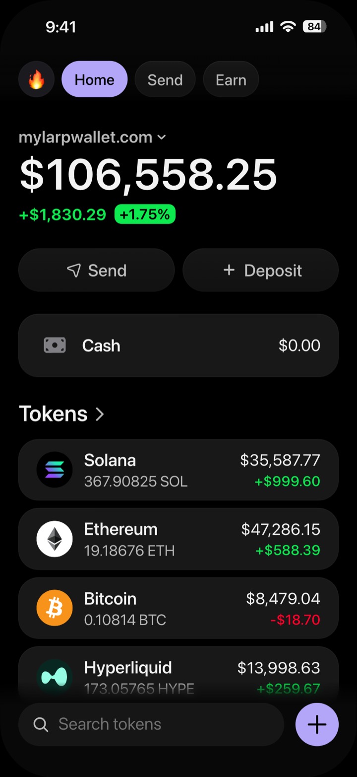 Crypto wallet portfolio screen composed in My Larp Wallet: a wallet named mylarpwallet.com, a total balance above a list of 5 tokens showing each holding and its change over the day, in a dark theme with a lavender accent.