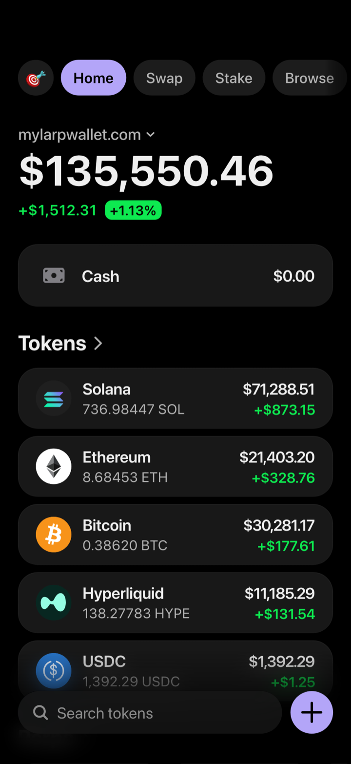 Crypto wallet portfolio screen composed in My Larp Wallet: a wallet named mylarpwallet.com, a total balance above a list of 5 tokens showing each holding and its change over the day, in a dark theme with a lavender accent.
