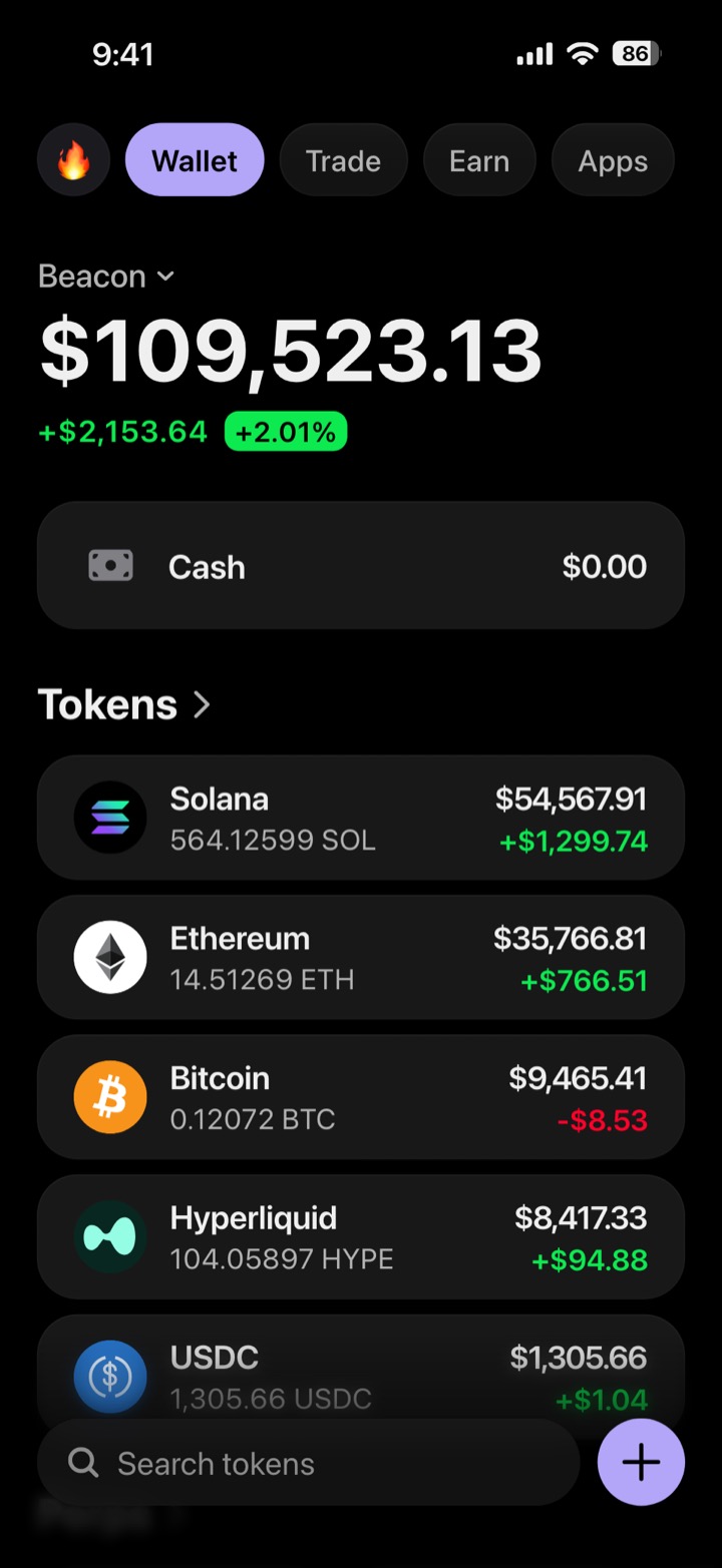 Crypto wallet portfolio screen composed in My Larp Wallet: a wallet named Beacon, a total balance above a list of 5 tokens showing each holding and its change over the day, in a dark theme with a lavender accent.