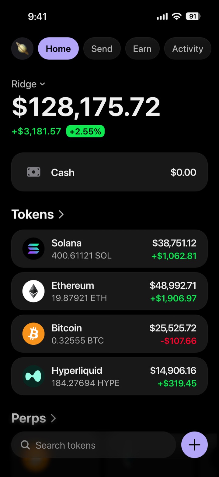 Crypto wallet portfolio screen composed in My Larp Wallet: a wallet named Ridge, a total balance above a list of 4 tokens showing each holding and its change over the day, in a dark theme with a lavender accent.