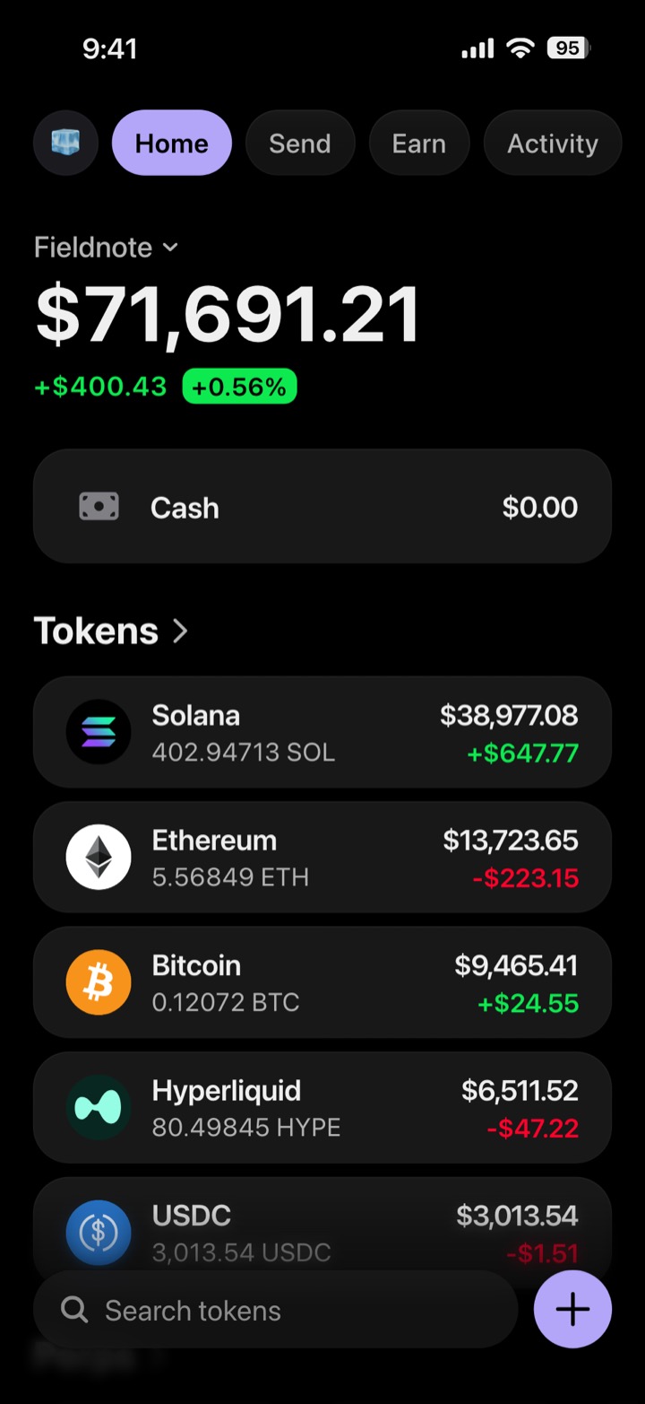 Crypto wallet portfolio screen composed in My Larp Wallet: a wallet named Fieldnote, a total balance above a list of 5 tokens showing each holding and its change over the day, in a dark theme with a lavender accent.