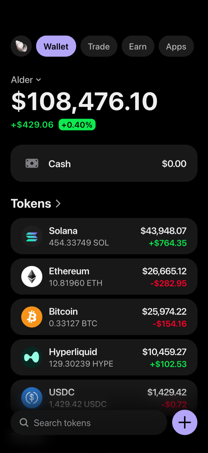 Crypto wallet portfolio screen composed in My Larp Wallet: a wallet named Alder, a total balance above a list of 5 tokens showing each holding and its change over the day, in a dark theme with a lavender accent.