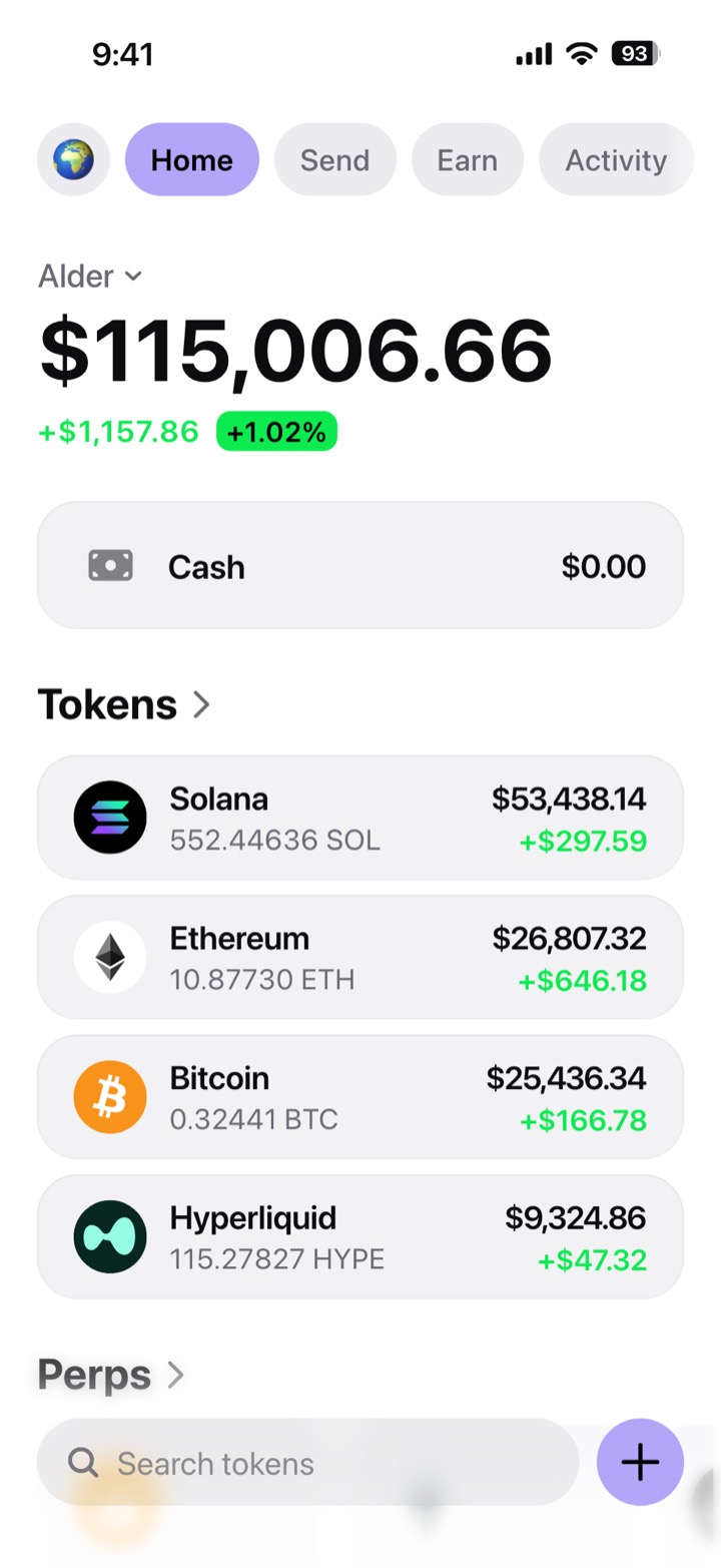 Crypto wallet portfolio screen composed in My Larp Wallet: a wallet named Alder, a total balance above a list of 4 tokens showing each holding and its change over the day, in a light theme with a lavender accent.