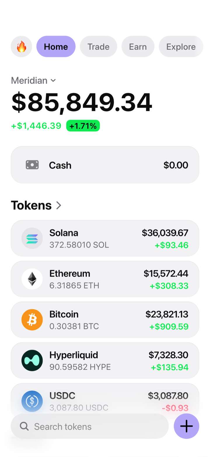Crypto wallet portfolio screen composed in My Larp Wallet: a wallet named Meridian, a total balance above a list of 5 tokens showing each holding and its change over the day, in a light theme with a lavender accent.