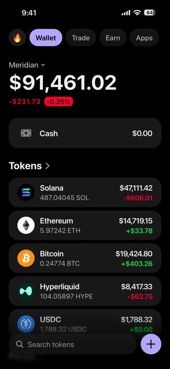 Crypto wallet portfolio screen composed in My Larp Wallet: a wallet named Meridian, a total balance above a list of 5 tokens showing each holding and its change over the day, in a dark theme with a lavender accent.