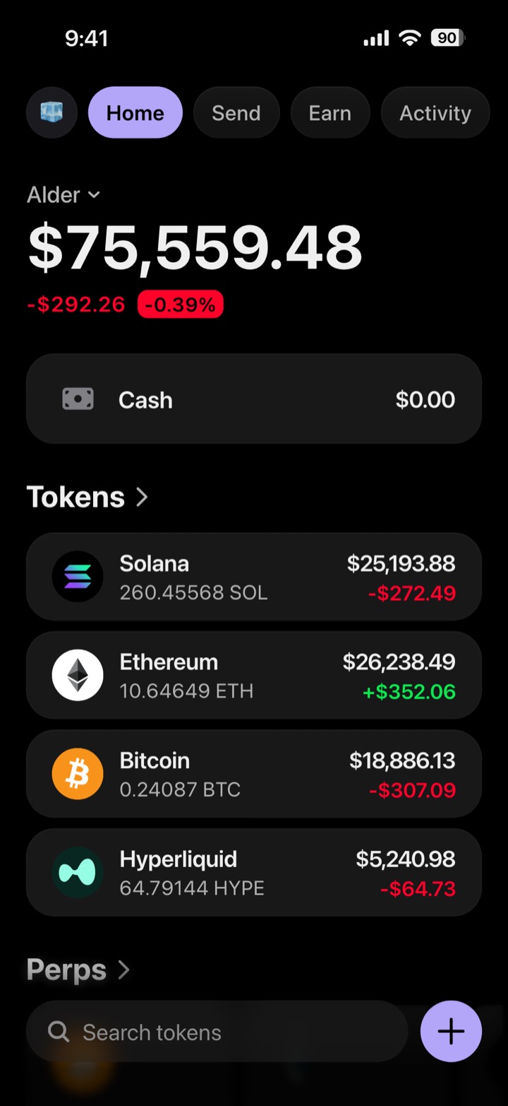 Crypto wallet portfolio screen composed in My Larp Wallet: a wallet named Alder, a total balance above a list of 4 tokens showing each holding and its change over the day, in a dark theme with a lavender accent.