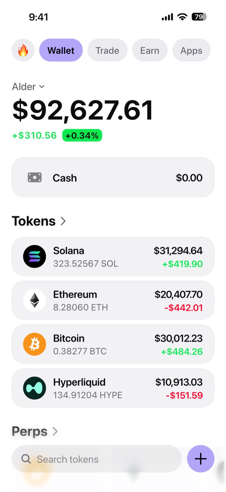 Crypto wallet portfolio screen composed in My Larp Wallet: a wallet named Alder, a total balance above a list of 4 tokens showing each holding and its change over the day, in a light theme with a lavender accent.
