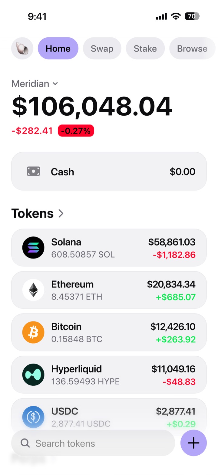 Crypto wallet portfolio screen composed in My Larp Wallet: a wallet named Meridian, a total balance above a list of 5 tokens showing each holding and its change over the day, in a light theme with a lavender accent.