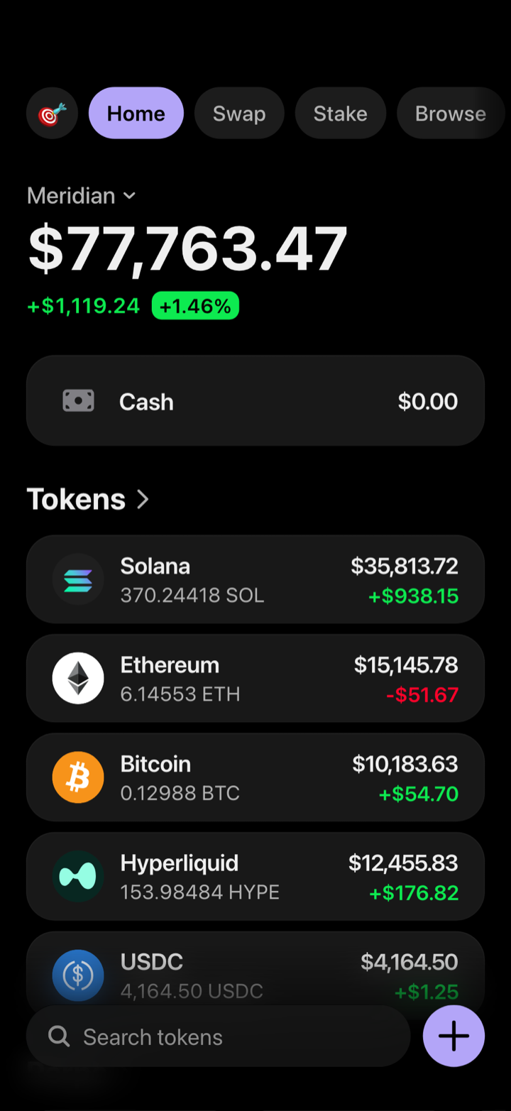 Crypto wallet portfolio screen composed in My Larp Wallet: a wallet named Meridian, a total balance above a list of 5 tokens showing each holding and its change over the day, in a dark theme with a lavender accent.