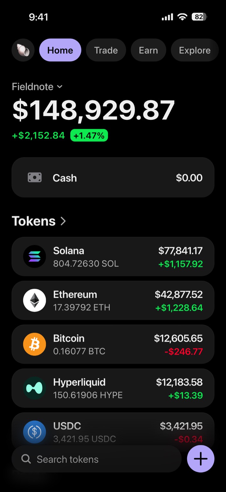 Crypto wallet portfolio screen composed in My Larp Wallet: a wallet named Fieldnote, a total balance above a list of 5 tokens showing each holding and its change over the day, in a dark theme with a lavender accent.