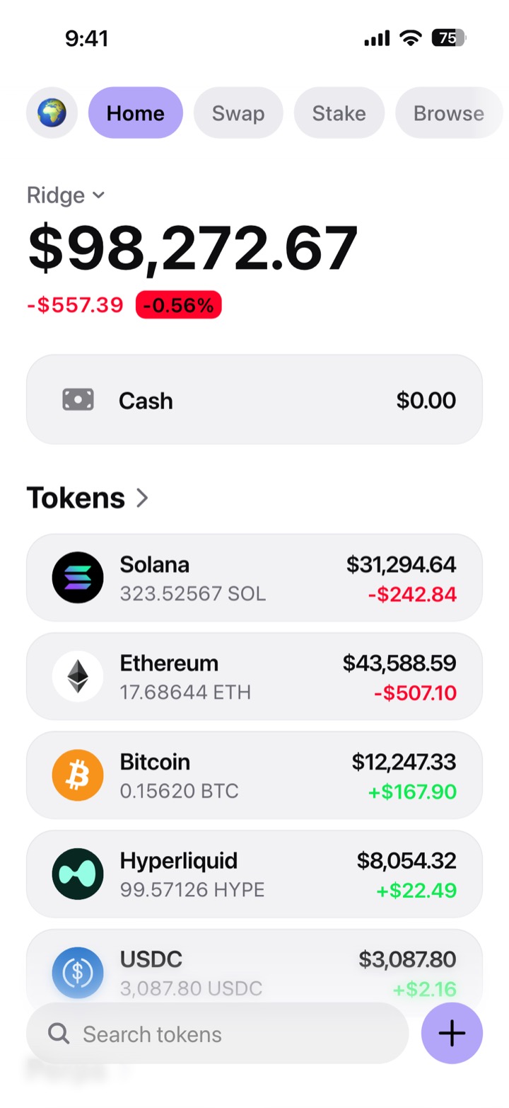 Crypto wallet portfolio screen composed in My Larp Wallet: a wallet named Ridge, a total balance above a list of 5 tokens showing each holding and its change over the day, in a light theme with a lavender accent.