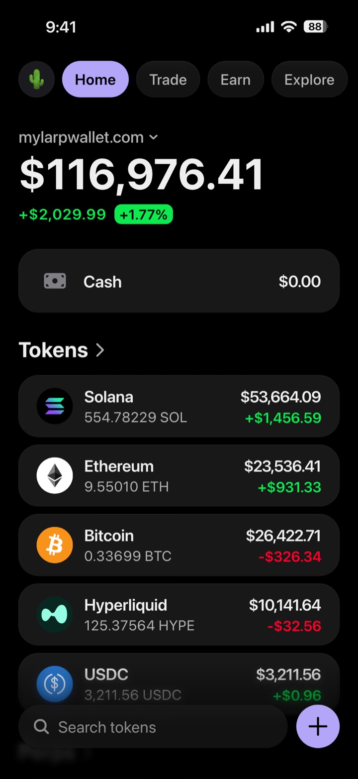 Crypto wallet portfolio screen composed in My Larp Wallet: a wallet named mylarpwallet.com, a total balance above a list of 5 tokens showing each holding and its change over the day, in a dark theme with a lavender accent.