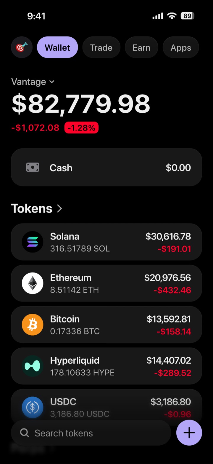 Crypto wallet portfolio screen composed in My Larp Wallet: a wallet named Vantage, a total balance above a list of 5 tokens showing each holding and its change over the day, in a dark theme with a lavender accent.