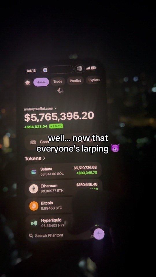 A wallet screen filmed at night, with on-screen text reading “well… now that everyone’s larping”.
