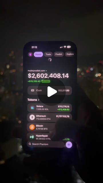 A phone held at night over a lit city, showing a wallet balance of $2,602,408.14 and its token list.